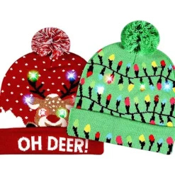 2-pack Jultomtehatt med LED-ljus, stickad, färgglada blinkande juldekorationer för fest (One Size Fits More)> Huvudbonader