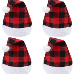 4-pack Tomteröd Hatt Jul Rutig Hatt Kort Plysch med Vita Manschetter Plyschtyg Julhatt för Vuxna och Barn> Huvudbonader