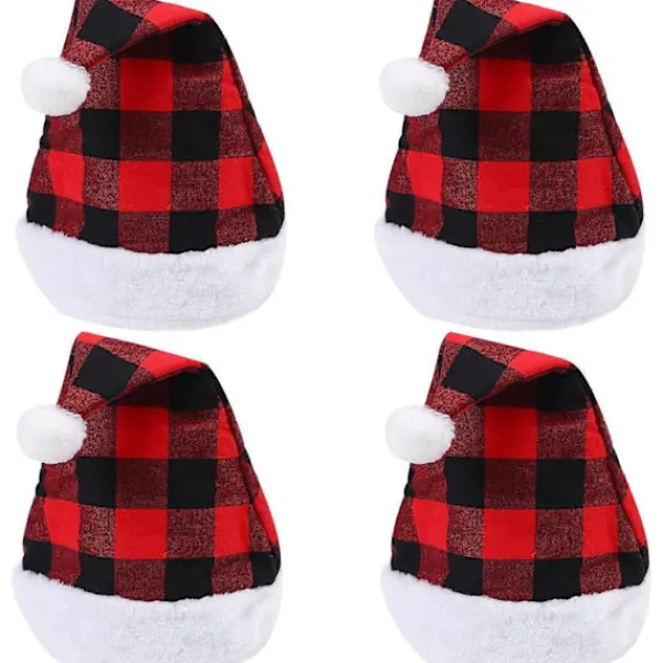 4-pack Tomteröd Hatt Jul Rutig Hatt Kort Plysch med Vita Manschetter Plyschtyg Julhatt för Vuxna och Barn> Huvudbonader
