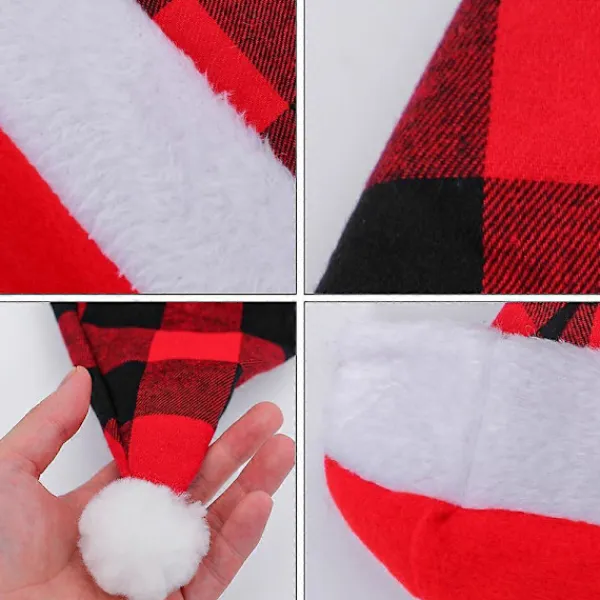 4-pack Tomteröd Hatt Jul Rutig Hatt Kort Plysch med Vita Manschetter Plyschtyg Julhatt för Vuxna och Barn> Huvudbonader