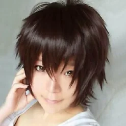 Peruk för cosplay, kort rak pojkstil, tecknad anime-fest, för män och kvinnor (mörkbrun)> Peruker