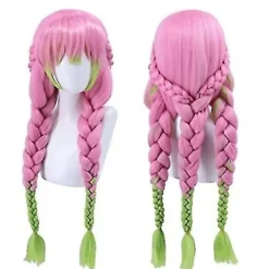 YUJDA Peruk för Kanroji Mitsuri Cosplay för Demon Slayer Grön och Rosa Lång Rak Br (YJD)> Peruker