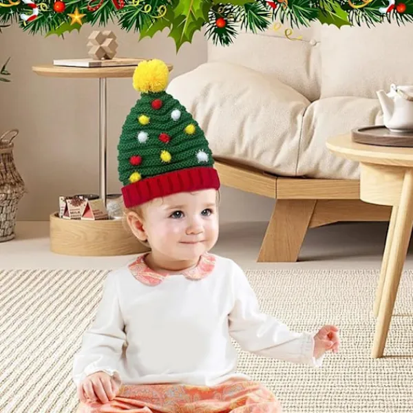 Pieces Jultomte Pom Pom Mössa för Kvinnor - Julmössor - Vinter Stickad Virkad Mössa - Julstickad Mössa - Bäst för Resor, Vandring och Camping> Huvudbonader