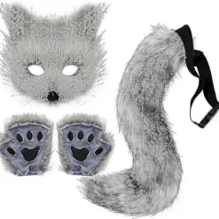 Pälsräv svans katt varg cosplay kostym set plysch mask fluffiga tasshandskar Halloween jul> Dräkter