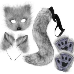 Plysch Rävsvans & Öron Set, Cosplay Kostym, Kattsvans, Kattöron, Potthandskar, Halloween Kostym, Grå> Tillbehör
