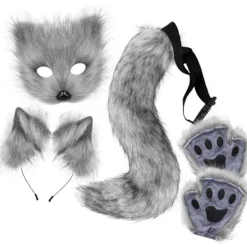 Plyschmask med rävsvans och öron set, katt svans räv kostym cosplay kostym med kattöron och tasshandskar halloween cosplay grå> Dräkter