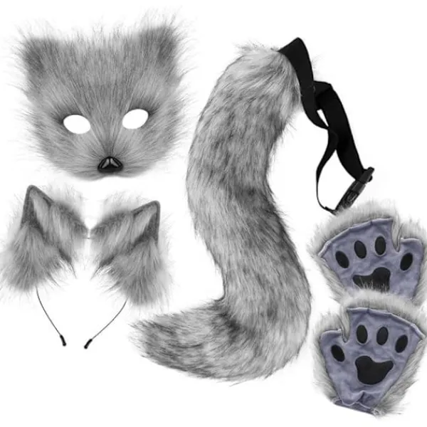 Plyschmask med rävsvans och öron set, katt svans räv kostym cosplay kostym med kattöron och tasshandskar halloween cosplay grå> Dräkter