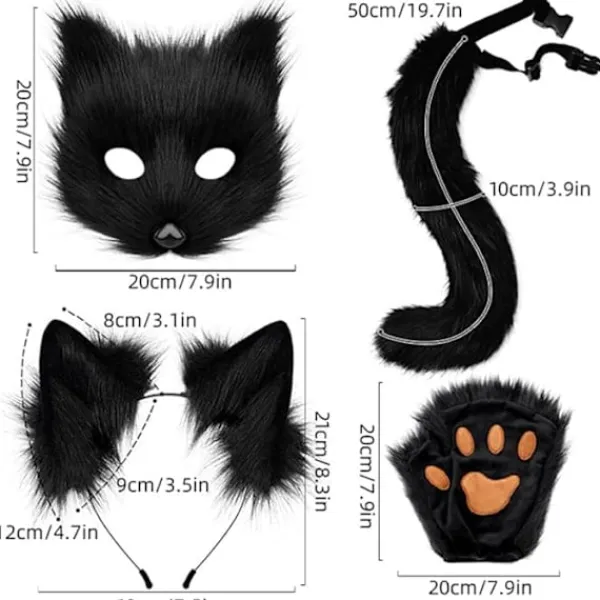 Plyschmask med rävsvans och öron set, katt svans räv kostym cosplay kostym med kattöron och tasshandskar halloween cosplay grå{F2}> Dräkter