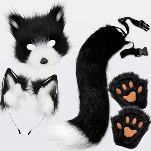 Plyschmask med rävsvans och öron set, katt svans räv kostym cosplay kostym med kattöron och tasshandskar halloween cosplay brun Hög kvalitet _xx | Fyndiq> Tillbehör