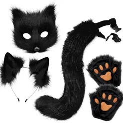 Plyschmask med rävsvans och öron set, katt svans räv kostym cosplay dräkt med katt öron och tass handskar halloween cosplay> Tillbehör