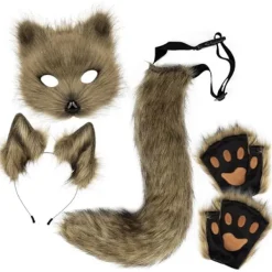 Plyschmask med rävsvans och öron set, katt svans räv kostym cosplay kostym med kattöron och tasshandskar halloween cosplay grön_max> Tillbehör