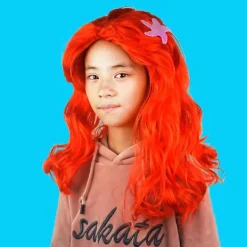 FMYSJ Prinsessan Sjöjungfru Peruk Coraline Barn Flickor Röd Lång Lockig Halloween Fest Peruk med Sjöstjärna Hårklämmor (FMY)><noscript><img width=