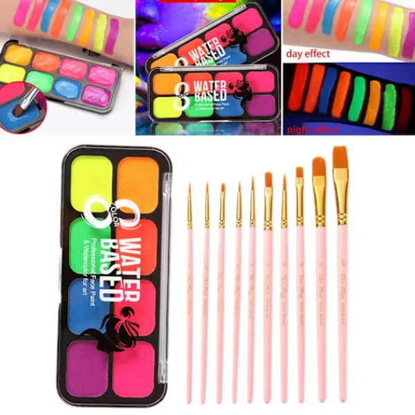 Professionell Ansikts- och Kroppsmålningskit Palett med Penslar Fancy Art Pigment Glow för Halloween Juldekoration Konstnärskostym> Smink