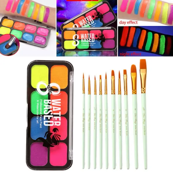 Professionell Ansikts- och Kroppsmålningskit Palett med Penslar Fancy Art Pigment Glow för Halloween Juldekoration Konstnärskostym> Smink