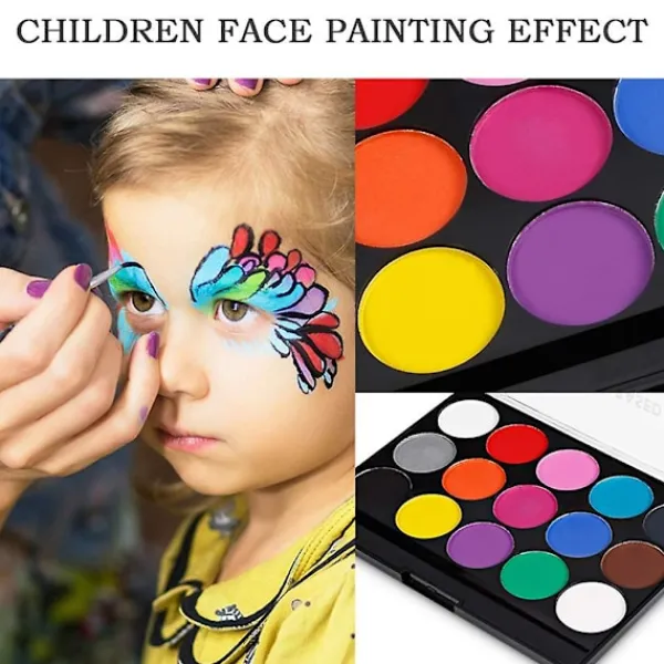 Professionell ansikts- och kroppsmålnings palett med pensel 15 färger Giftfri ansiktsfärg för barn vuxen tvättbar säker ansikte> Smink