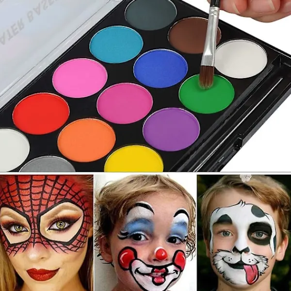 Professionell ansikts- och kroppsmålnings palett med pensel 15 färger Giftfri ansiktsfärg för barn vuxen tvättbar säker ansikte> Smink