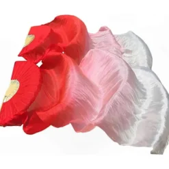 Röd till Vit Vikbar Bambuslöja för Scenföreställningar och Dansuppvisningar - Lång Magdansfläkt med Sidenmaterial><noscript><img width=