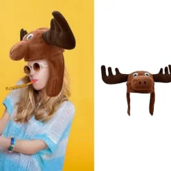 Ren Älg Plyschmössa med Härliga Djuröron Bekväm och Rolig Huvudbonad Djurformad Mössa för> Huvudbonader