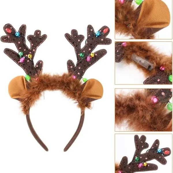 Rensdjurshorn Huvudband, LED Rensa Huvudband med Klockor, ZQKLA> Huvudbonader