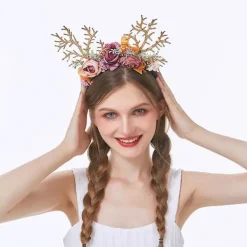 Rensdjurshorn Huvudband Med Blommor Julhårtillbehör Elghorn Huvudbonad Tomteluva Elghorn Huvudbonad Barn Vuxna Fest Fotorekvisita Kostym A> Huvudbonader