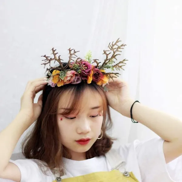 Rensdjurshorn Huvudband Med Blommor Julhårtillbehör Elghorn Huvudbonad Tomteluva Elghorn Huvudbonad Barn Vuxna Fest Fotorekvisita Kostym A> Huvudbonader