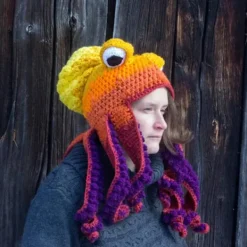 Rolig Virkad Bläckfiskmössa – Handgjort Bläckfiskpannband i Ull, Party & Hip Hop Vintermössa, Unisex One Size> Huvudbonader