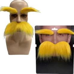 Roliga mustascher skägg cosplay kostymtillbehör för män kvinnor Halloween, gul självhäftande mustasch och ögonbryn><noscript><img width=