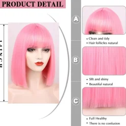Rosa Bob Peruker med Lugg 35 cm Syntetisk Färgglad Kort Rakt Hår><noscript><img width=