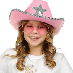 Rosa Cowgirlhatt med hjärtformade glasögon - Rosa Cowboyhatt med silverpaljettstjärna - Halloweendekor Ko><noscript><img width=