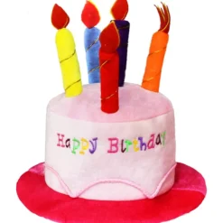 Rosa Plyschhatt med Grattis på Födelsedagen-Tårta - Unisex Vuxenstorlek Festkläder> Huvudbonader