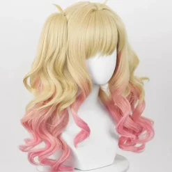 Roséguldfärgad peruk med flätor, kostym för flickor och kvinnor, anime, tvåfärgad lockig peruk, lämplig för jul med huva><noscript><img width=