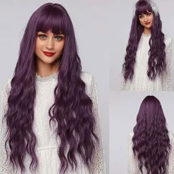 Rosröd vågig peruk. Lång lockig peruk med lugg för kvinnors kostym syntetisk full><noscript><img width=