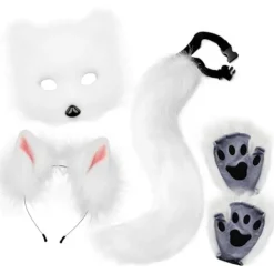 Rävsvans & Öron Set, Kattdräkt med Handskar, Vita Halloween Cosplay Tillbehör> Tillbehör