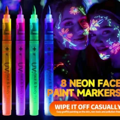 Set med 8 färger UV Neon Ansiktsfärg, Tvättbara Temporära Tatueringsmarkörer><noscript><img width=