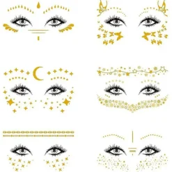 Set Of 6 Face Tattoo Stickers, Gold Temporary Transfer Tattoos On Face For Women Girls Halloween Masquerade Costume Party> Smink