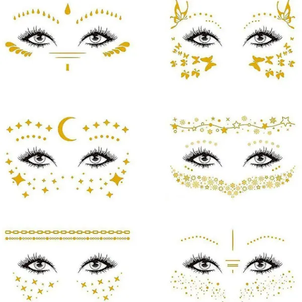 Set Of 6 Face Tattoo Stickers, Gold Temporary Transfer Tattoos On Face For Women Girls Halloween Masquerade Costume Party> Smink
