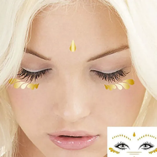 Set Of 6 Face Tattoo Stickers, Gold Temporary Transfer Tattoos On Face For Women Girls Halloween Masquerade Costume Party> Smink