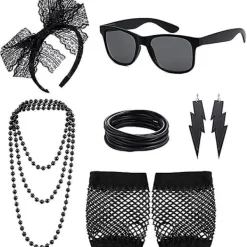 1set, 80s Accessories 80s Costume Accessories Fancy Dress Accessories Set Lace Headband Glasses Silicone Bracelets Fishnet Gloves Neon Earrings For 80 | Fyndiq> Tillbehör