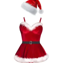 Sexig Julunderkläder för Kvinnor Santa Babydoll Chemise Röd Kostym med 4 delar> Dräkter