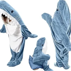 Shark filt-hoodie onesie för vuxna och barn, mysig flanell hajdräkt haj sovsäck *H blå M> Dräkter