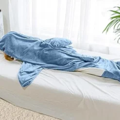 Shark filt-hoodie onesie för vuxna och barn, mysig flanell hajdräkt haj sovsäck *H blå M><noscript><img width=