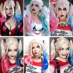 Shengruili Harley Quinn Peruk Kvinna Lång Cosplay Peruk Skurk Quinn Peruk Cosplay Peruk Blond Blå Rosa Karneval Halloween Karnevalsfester><noscript><img width=
