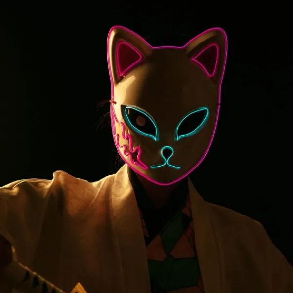 del SINSEN Demon Slayer Fox Mask LED Cosplay Kattmask Japansk anime Halloween kostym rekvisita för barn Vuxna Rosa> Masker