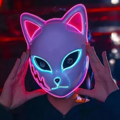 del SINSEN Demon Slayer Fox Mask LED Cosplay Kattmask Japansk anime Halloween kostym rekvisita för barn Vuxna Rosa><noscript><img width=