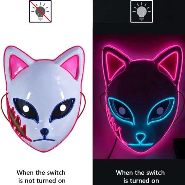 del SINSEN Demon Slayer Fox Mask LED Cosplay Kattmask Japansk anime Halloween kostym rekvisita för barn Vuxna Rosa> Masker