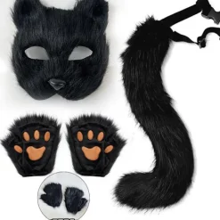 SJJYV Faux Fur Fox Tail Cat Werewolf Cosplay Set Plysch Mask Fluffiga Tassar Handskar Halloween Jul Svart> Tillbehör