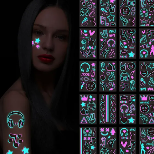 INF Självlysande Vattentäta Temporära Tatueringar - 10 Ark Set, Tvåfärgade Ljusdekaler, Perfekt för Festivaler och Fester B> Smink