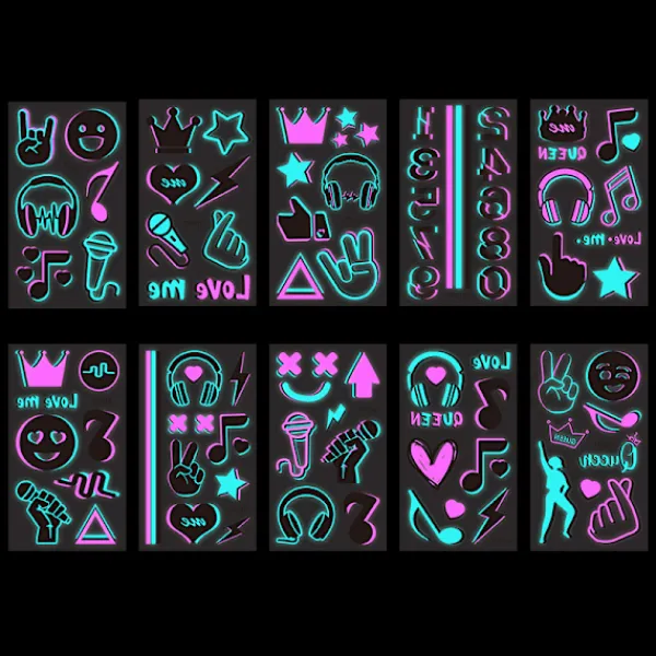 INF Självlysande Vattentäta Temporära Tatueringar - 10 Ark Set, Tvåfärgade Ljusdekaler, Perfekt för Festivaler och Fester B> Smink