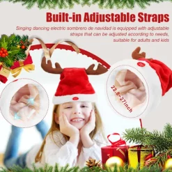 Sjungande och dansande elektrisk julhatt med renhorn för vuxna och barn, festlig julklapp><noscript><img width=