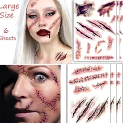 ATELA Skräck Realistiskt falskt blodigt sårstygn Ärrskorv Vattentät tillfällig tatueringsklistermärke Halloween maskerad busmakeup rekvisita-6 st> Smink